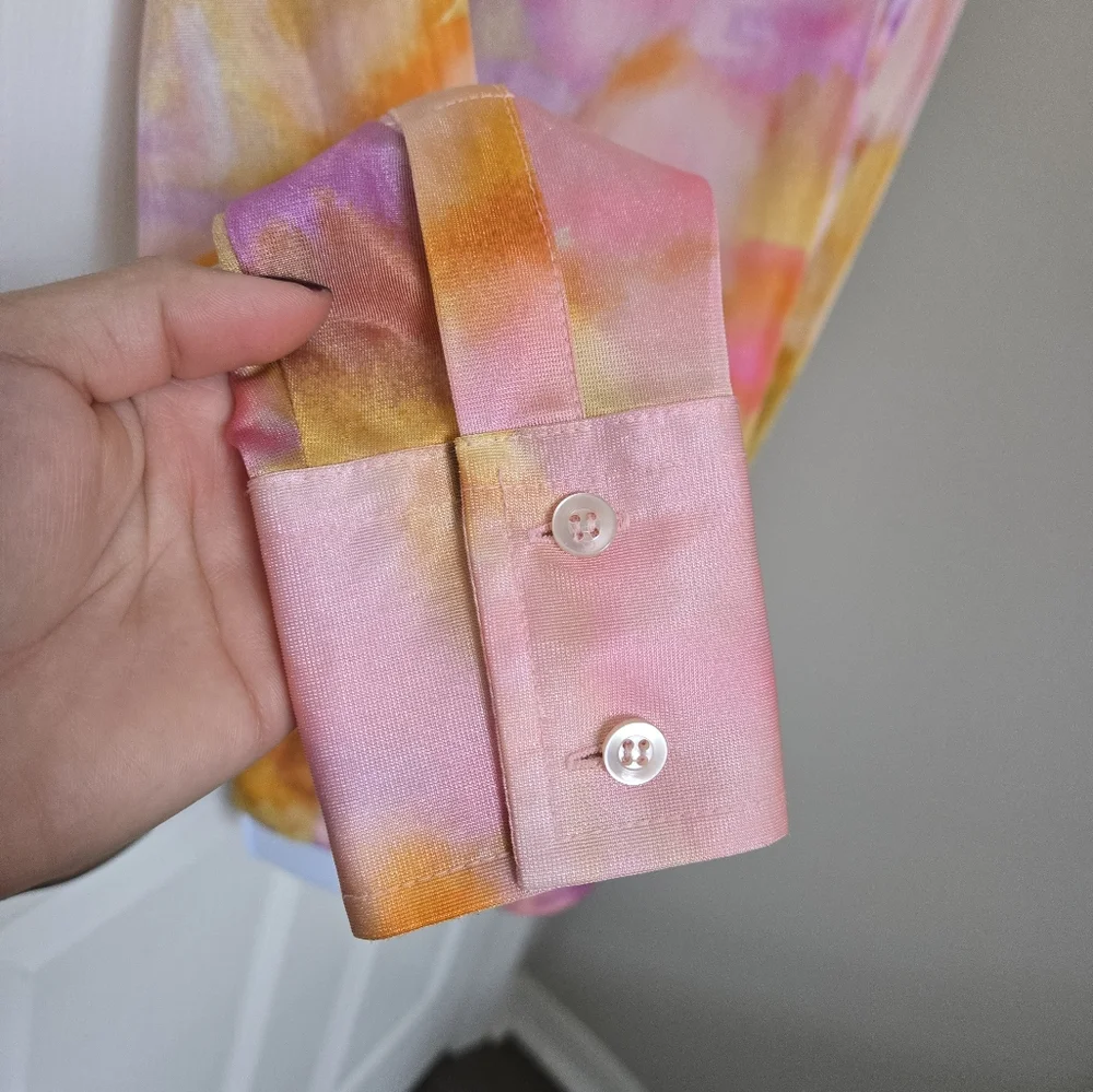 Vintage 70s Lady Manhattan Watercolor Abstract Groovy Pink Blouse - Picture 12 of 15